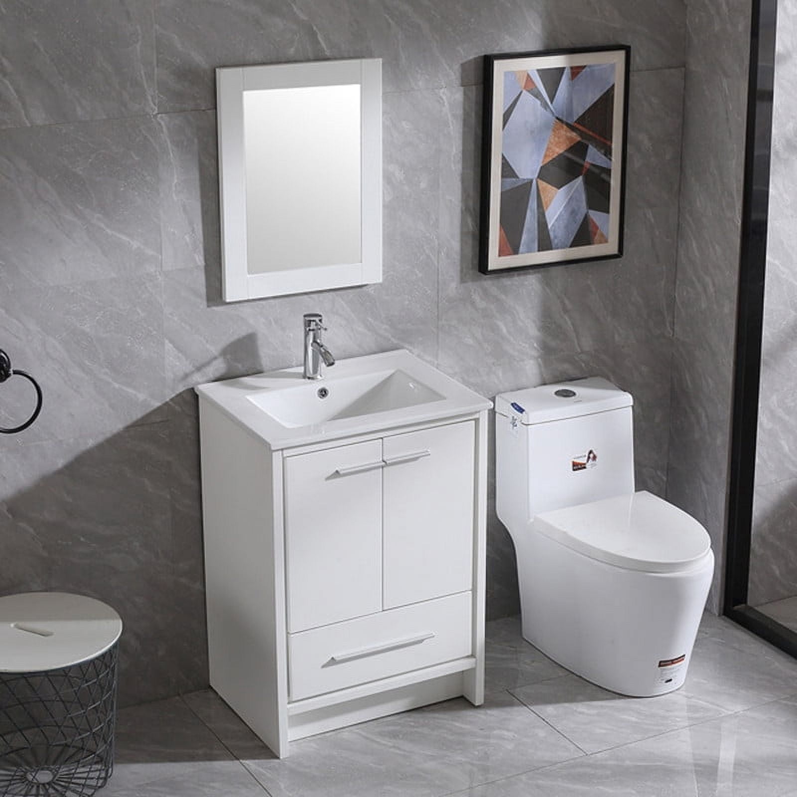 Walsport 24" Luxurious Bathroom Vanity with Ceramic Sink and Countertop and Mirror and Faucet,Double Door Stand Floor Cabinet Bathroom Storage Vanity with Pop Up Drain,White