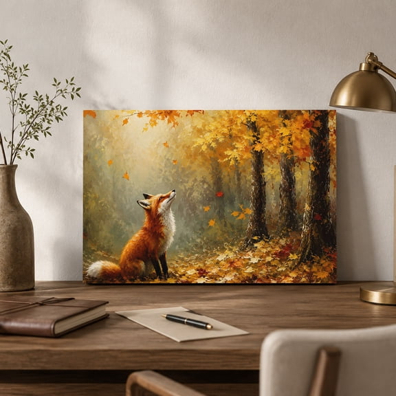 Sitting Foxes Canvas Wall Art, Red Orange Maple Leaf Forest Gold Sunbeams Rustic Wall Art Prints Artwork Framed Canvas Ready to Hang Art Pictures for Bathroom Nightstand, Narrow Hallway 14" x 11"