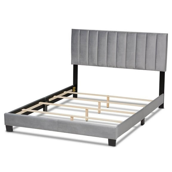 Bowery Hill Velvet King Size Panel Bed w/ Tufted Headboard in Gray/Black