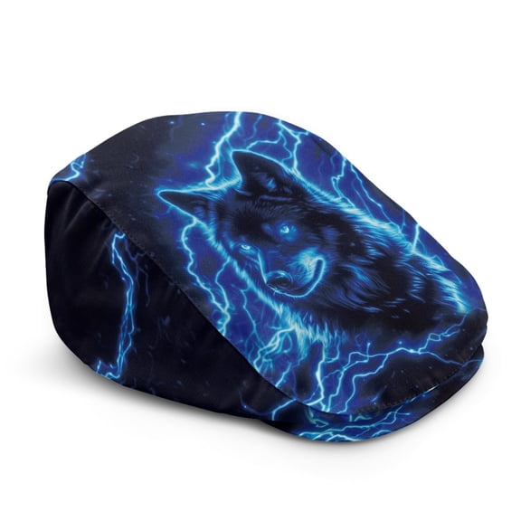 Chririnla Polyester Forward Beret for Driving Fishing Casual Outings, Lightweight Soft Flat Newsboy Cap, Blue Lightning Wolf Print