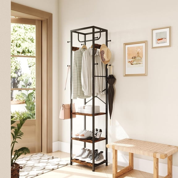 Freestanding Coat Rack with 3 Shelves and 12 Hooks, Industrial Style Organizer for Entryway, Bedroom, Office