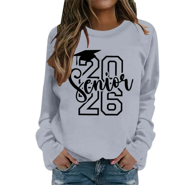 Crewneck Sweatshirt Women Basic Fall Pullover Sweatshirt with Letter Print Round Neck Layering Top Comfort Fit Chandail Femme Grey XL