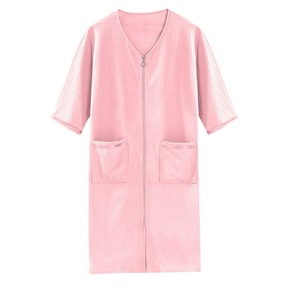 Plus Size Robes For Women Knit Solid Color Casual Bathrobe for Women Softy Lightweight Knee Length V-Neck Zipper Long Sleeve Robe with Pocket(Pink,3XL)