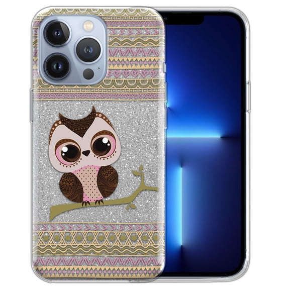 WIRESTER Clear/Silver Glitter Case, Sparkle Bling TPU Cover for Apple iPhone 13 Pro Max 6.7" 2021, Clear Pink Aztec Owl