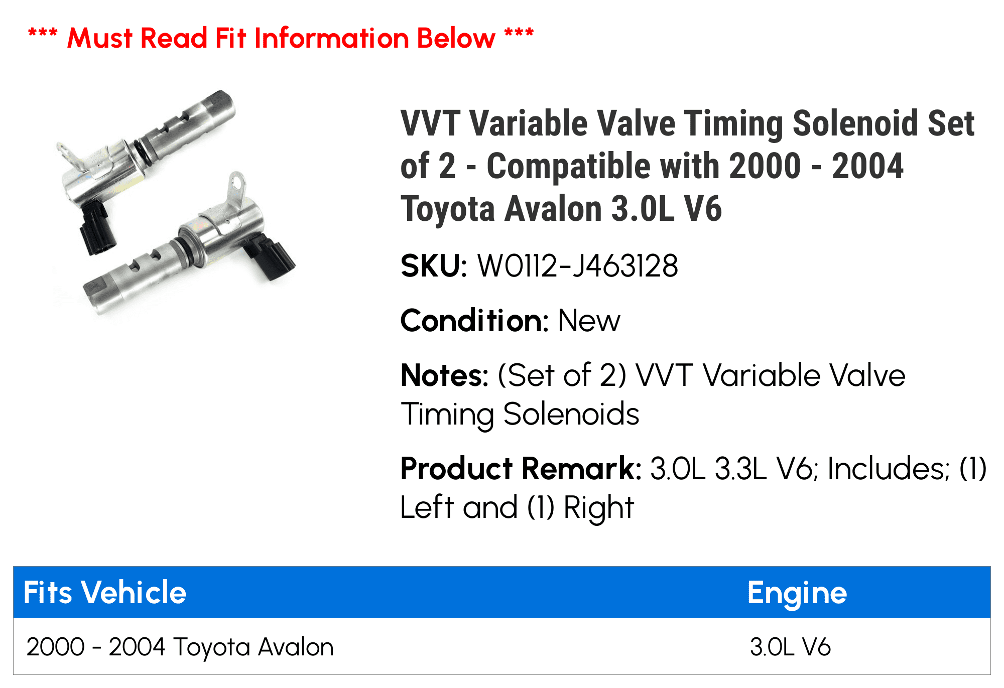 VVT Variable Valve Timing Solenoid Set of 2 - Compatible with 2000 - 2004 Toyota Avalon 3.0L V6 2001 2002 2003