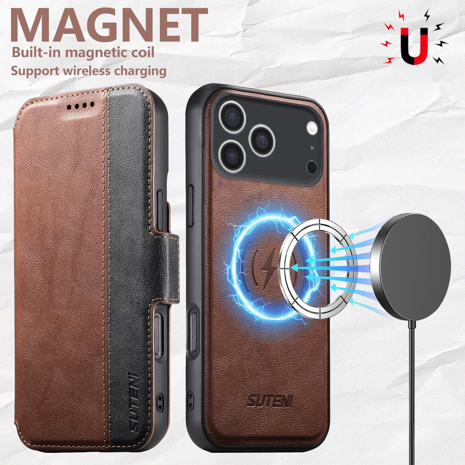 PU Leather for iPhone 17 Pro Max Case, 2 in 1 Detachable Wallet Case with Card Holder, Removable Flip Stand Folio Cover with RFID Blocking Phone Cover [Compatible with MagSafe],Brown