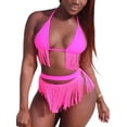 thumbnail image 1 of Conjunto de bikini de verano de 2 piezas para mujer Sujetador con cuello colgante sin espalda y sin mangas + tanga de borlas de color sólido Nituyy Conjunto de dos piezas de bikini con borlas, 1 of 5