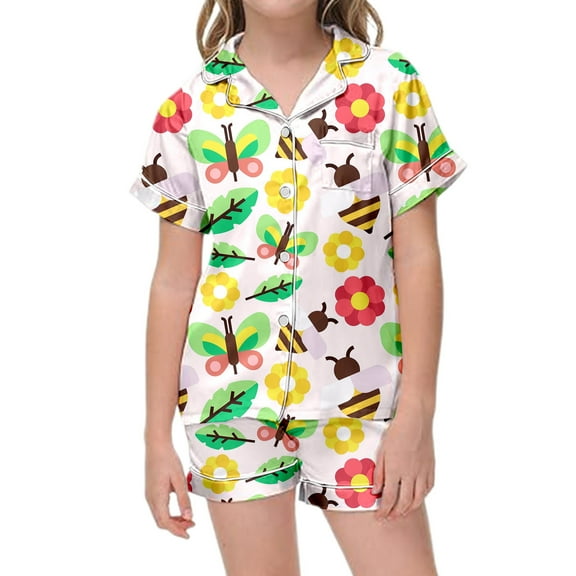 Kids Girls Pajamas Flower Print 2 Piece Short Sleeve Button Down Nightwear with Shorts Set Christmas Pajamas Kids Girls Clothes Size 8-9 Years
