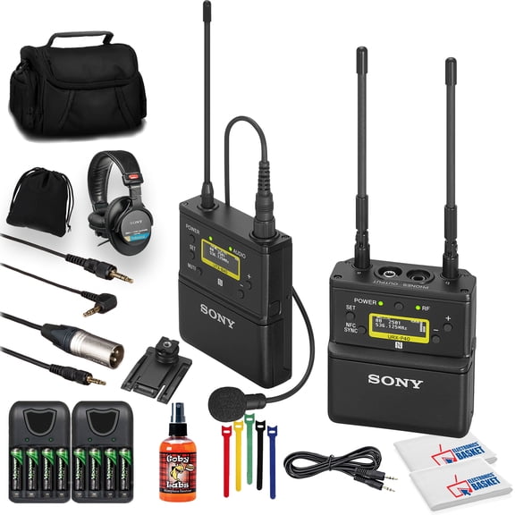 Sony UWP-D21 Camera-Mount Wireless Omni Lavalier Microphone System (UC14: 470 to 542 MHz) (UWP-D21/14)   Headphones   8 x Rechargeable Batteries   3.5 mm Aux Cable   Case   Sanitizer Mic Spray   More