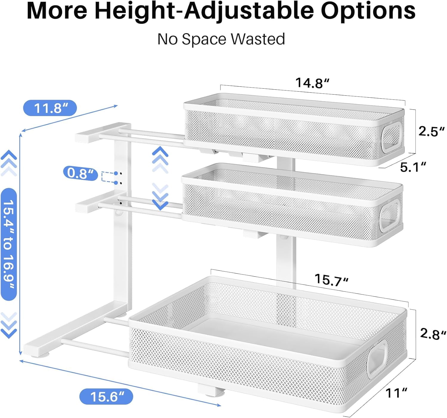 Under Sink Organizer, 2-Pack 3-Tier Thickened Metal Pull out Cabinet Organizer Shelf, Height Adjustable Slide out Storage Drawer Rack for Kitchen Bathroom Pantry Laundry Home Organization, White