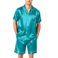 thumbnail image 7 of Mens Pajamas Set Silk Satin Sleepwear Short Sleeve Button Up Pjs Soft 2 Piece Lounge Set with Pocket Big and Tall Cyan M, 7 of 7