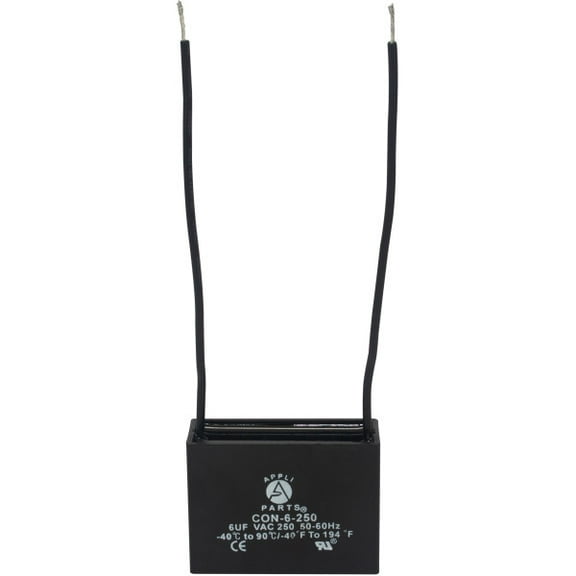 Appli Parts Fan Capacitor 6 mfd (microfarads) uf 250 VAC with 2 Wire Terminal Connections compatible with any brand with same capacitance 1-7/8in Width 3/4in Depth 1-3/8in Height CAP-6-250-2C