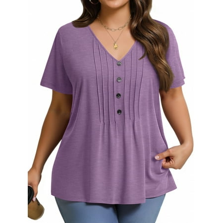 Fantaslook Plus Size Blouses for Women Pleated Button Short Sleeve Shirts Casual V Neck Tunic Tops Size 2XL