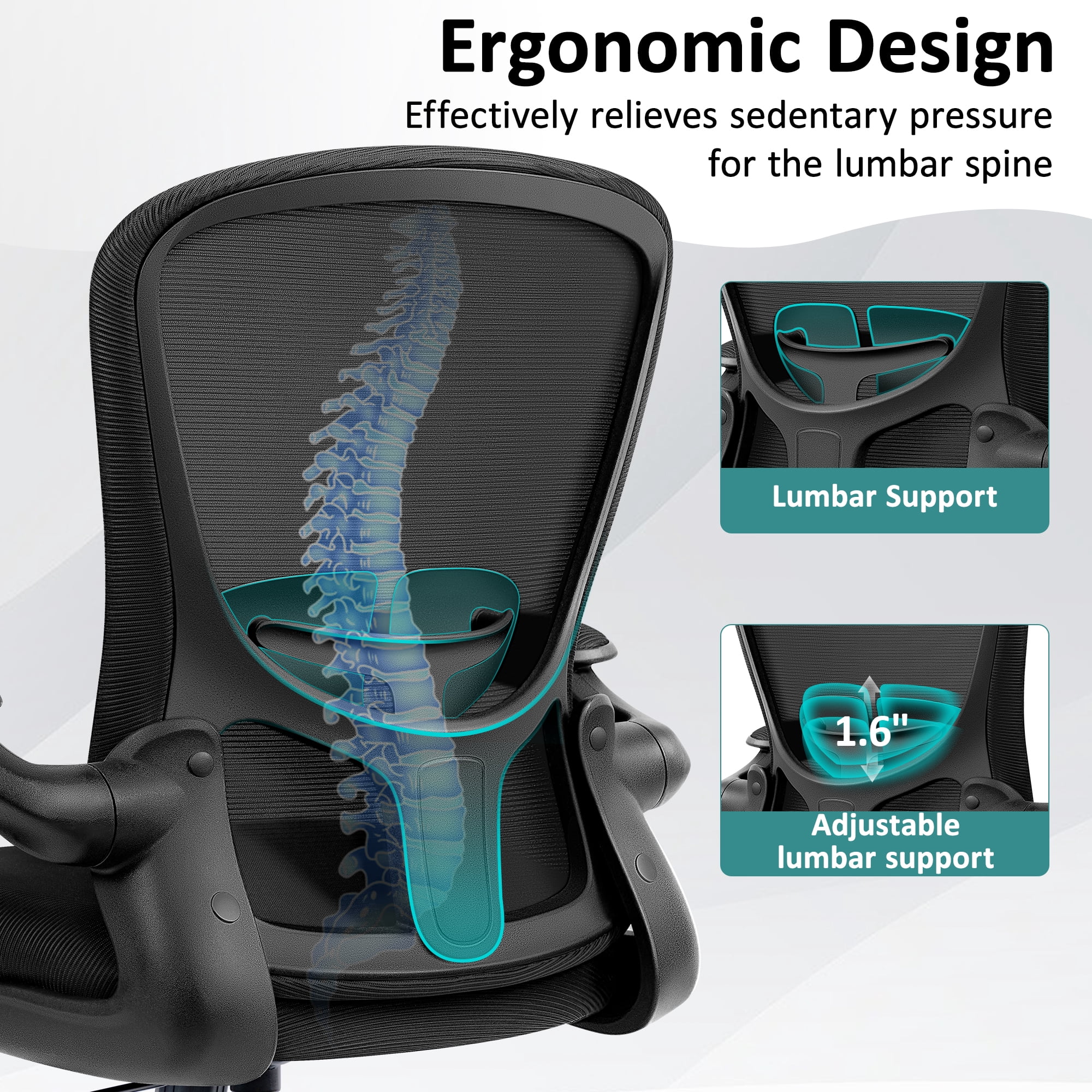 COOLHUT Office Chair, Ergonomic Desk Chair with Adjustable Lumbar Support, High Back Mesh Computer Chair with Flip-up Armrests-BIFMA Passed Task Chairs, Executive Chair for Home Office, Black