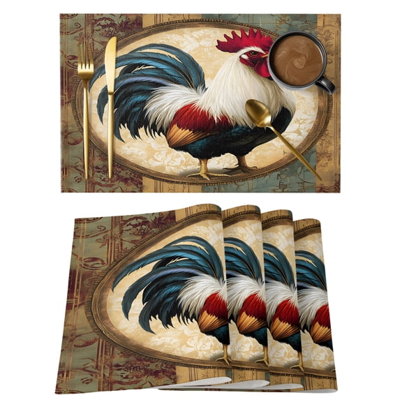 Rooster Placemats Set of 1, Vintage Non-Slip Place Mats Washable Table Mats for Kitchen Dining Table Decorations Indoor/Outdoor