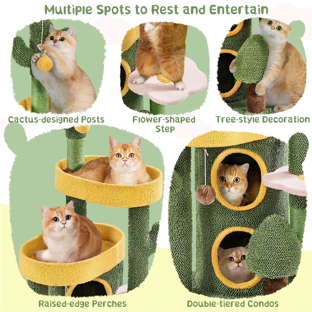 Yaheetech 48.5″ H Oasis-themed Cat Tower with Condos, Perches & Scratching Posts, Green/Yellow