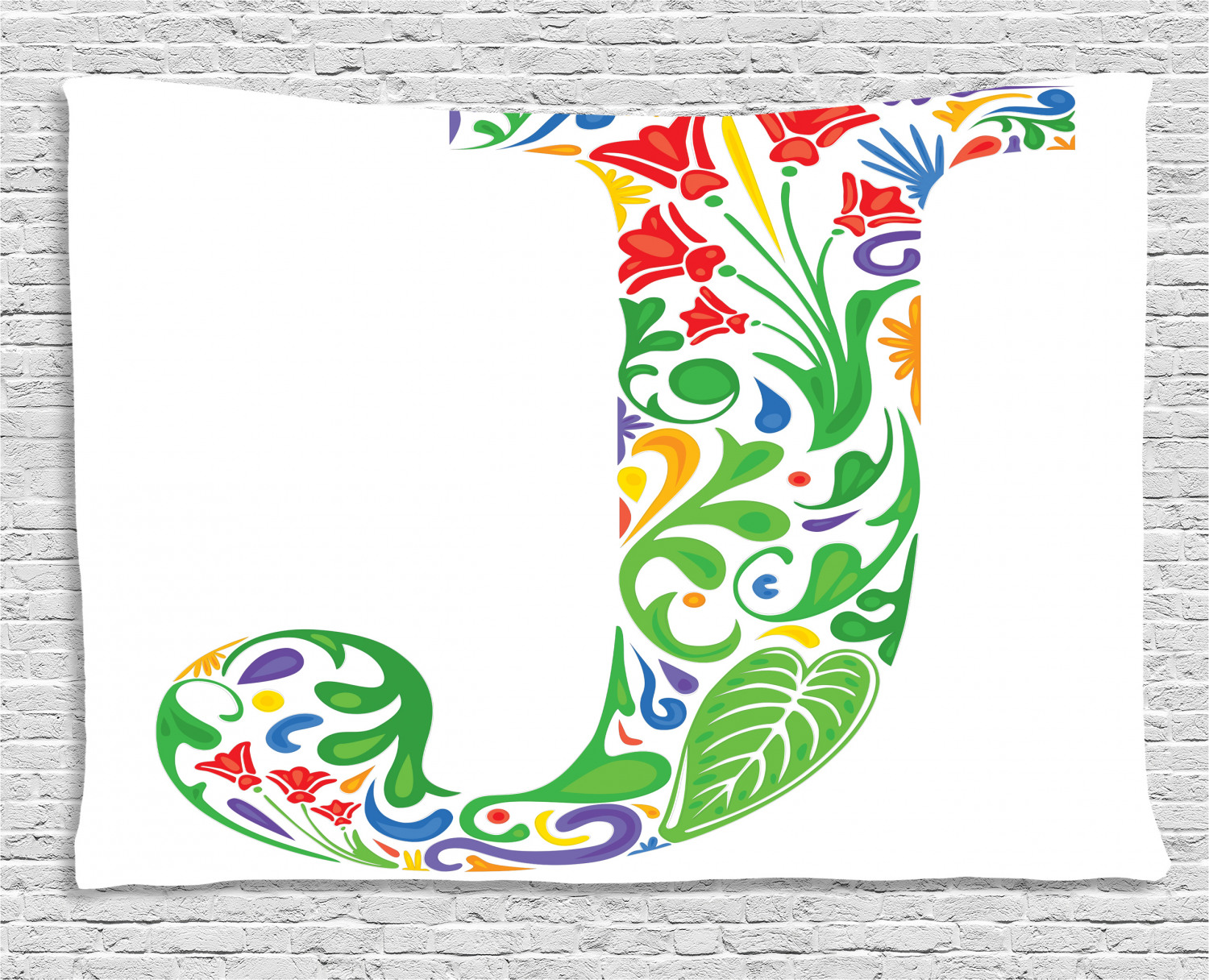 Letter J Tapestry, Initial Capital J with Tropical Nature Elements