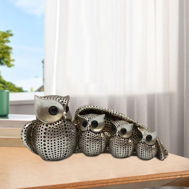 Estatuas de búho de resina Familia de cuatro figuritas de búho Bookself Decorativo Oficina Jardín Pájaros Esculturas Coleccionables Figura para Patio Soledad Escultura de estatuilla de búho