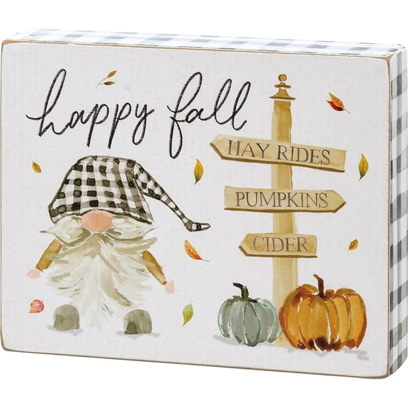 Primitives by Kathy 111018 Block Sign - Happy Fall with Gnomes, 5 x 4 x 1-inch