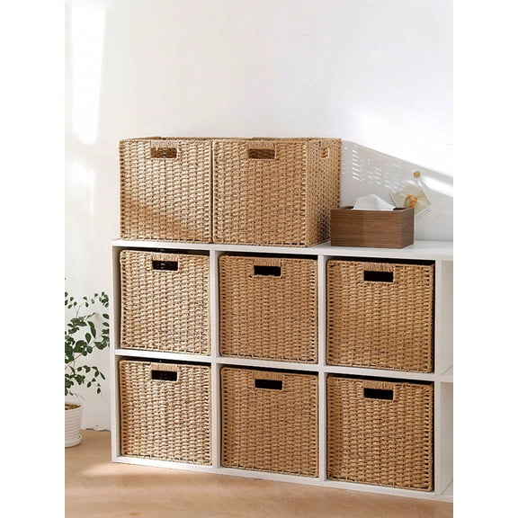 Handwoven Foldable Khaki Storage Box, Collapsible Cube Shelf Bin And Fabric Organizer For Clothes, Toys, And Living Room Clutter
