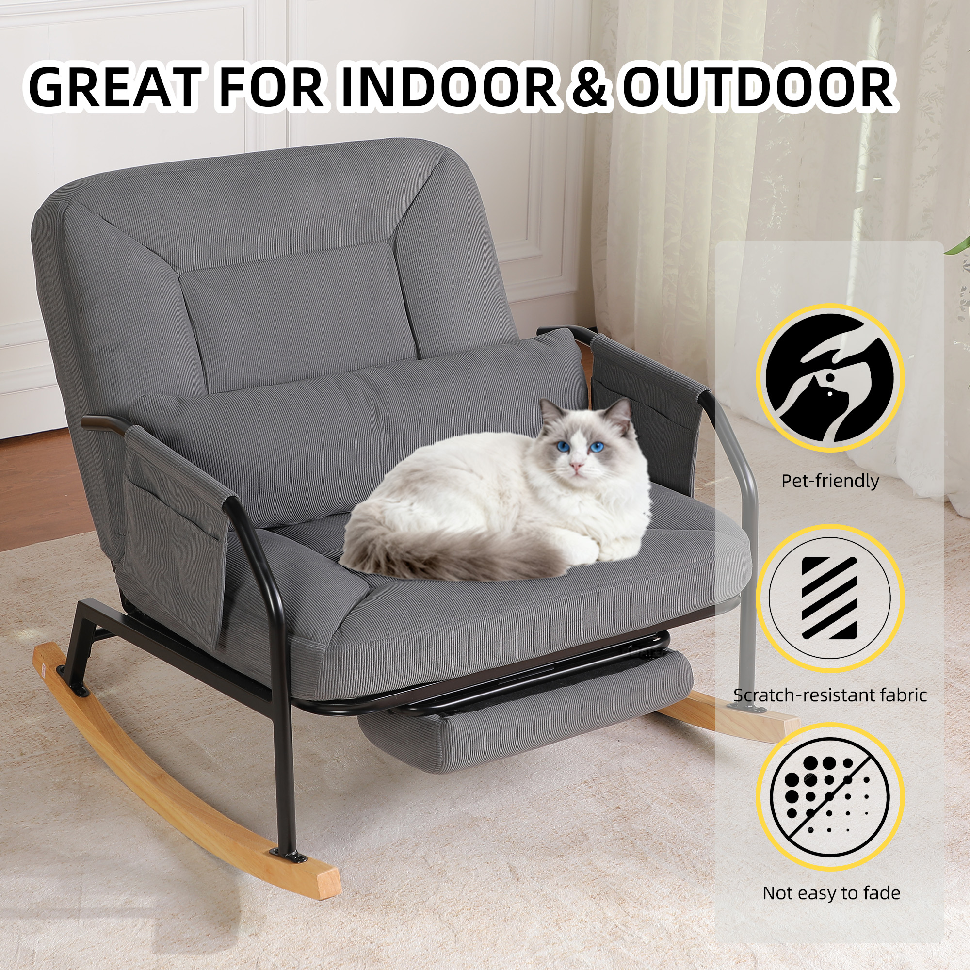 Hforesty Oversized Rocking Chair with Footrest ,Rocker Glider with Metal Farm,Wooden Bottom and Adjustable Backrest for Indoor Use: Balcony, Living Room or Bedroom.(corduroy)GREY