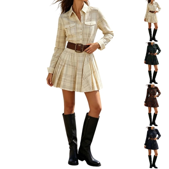 Women Vintage Plaid Mini Shirt Dresses Elegant Pleated Long Sleeve Button Down Dresses Collared A-Line Flowy Babydoll Dress