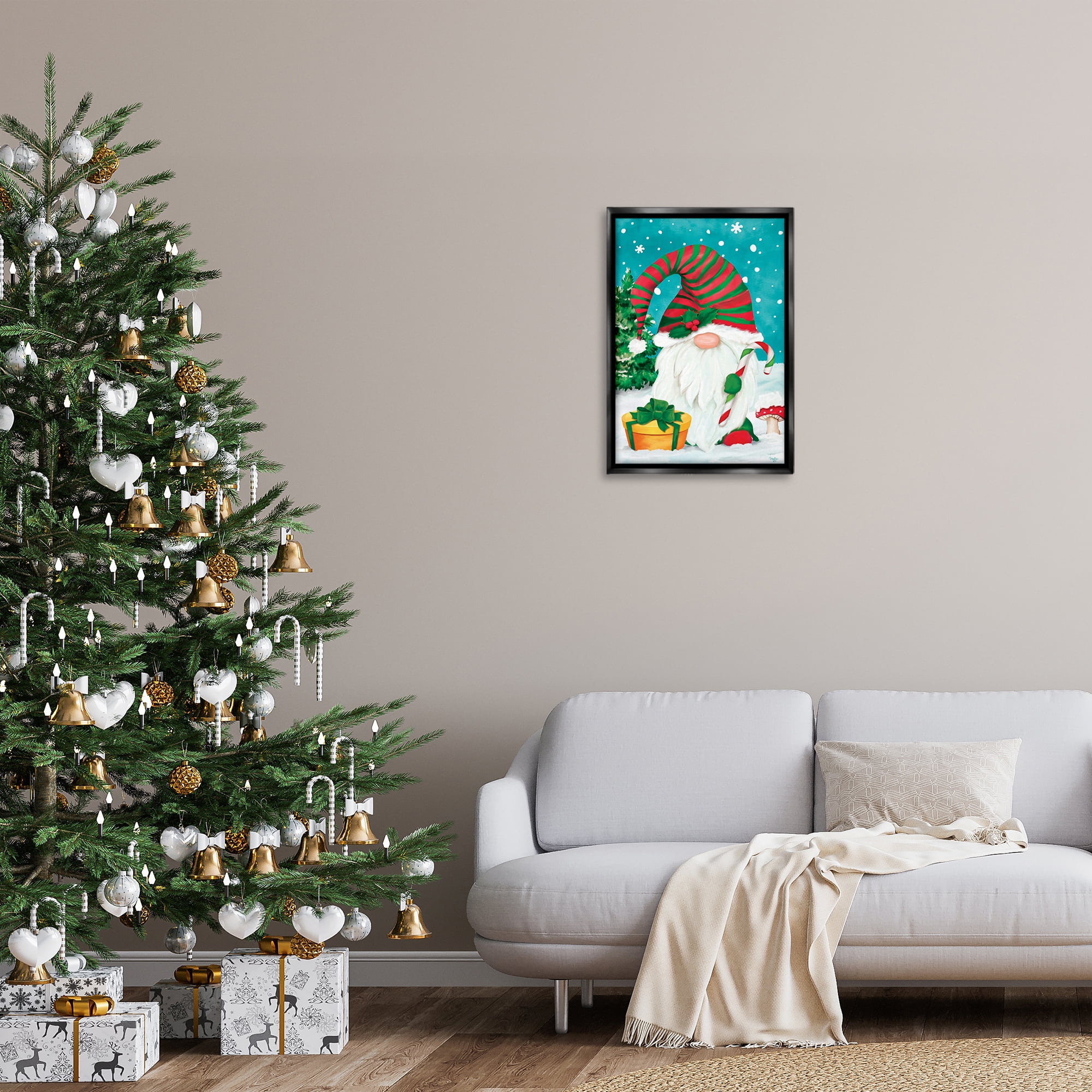 Stupell Industries Holiday Elf & Gifts Holiday Painting Black Floater Framed Art Print Wall Art, 17 x 25