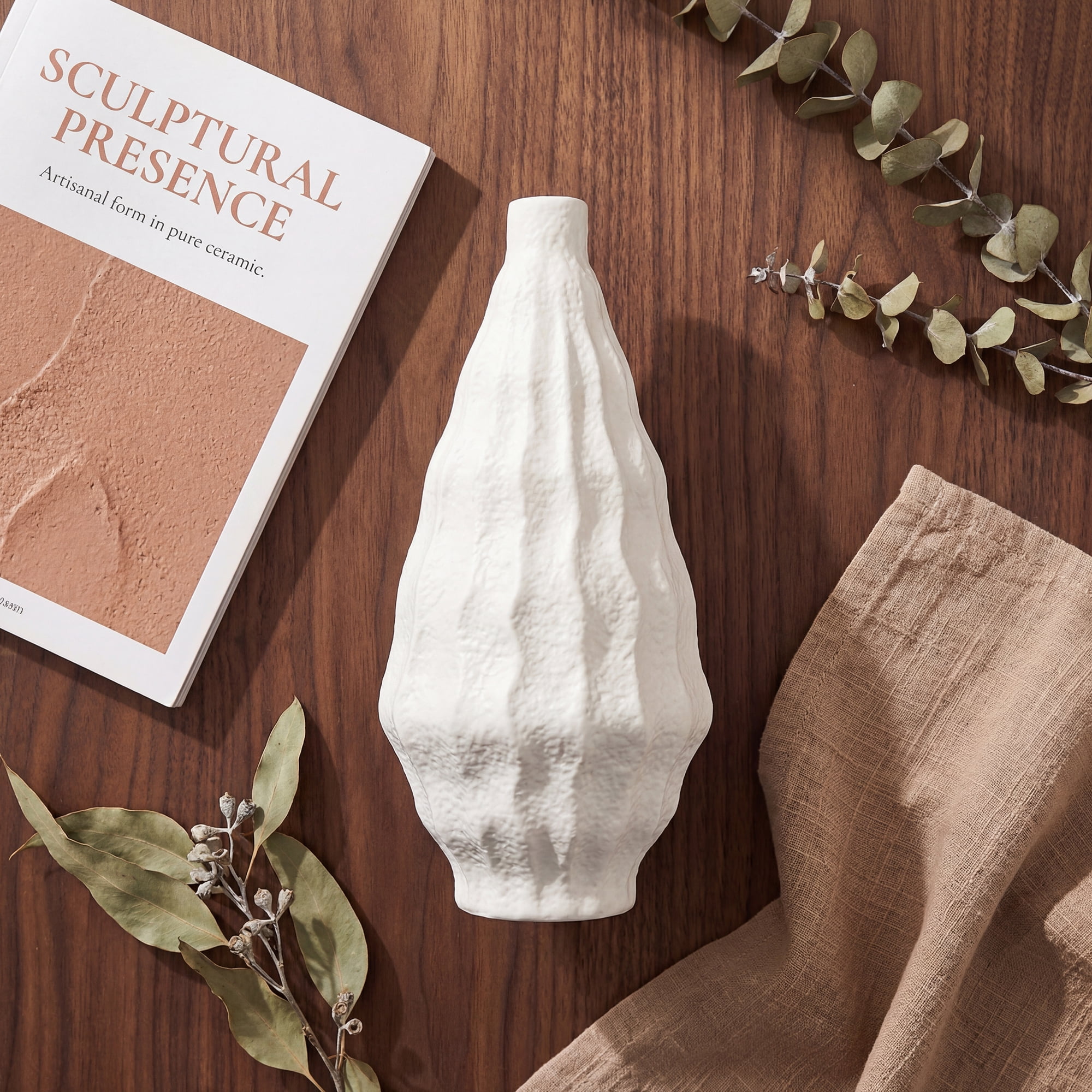 Unique Bargains Matte Chubby Bud Flower Vase with Wide Opening Ribbed Decorative White