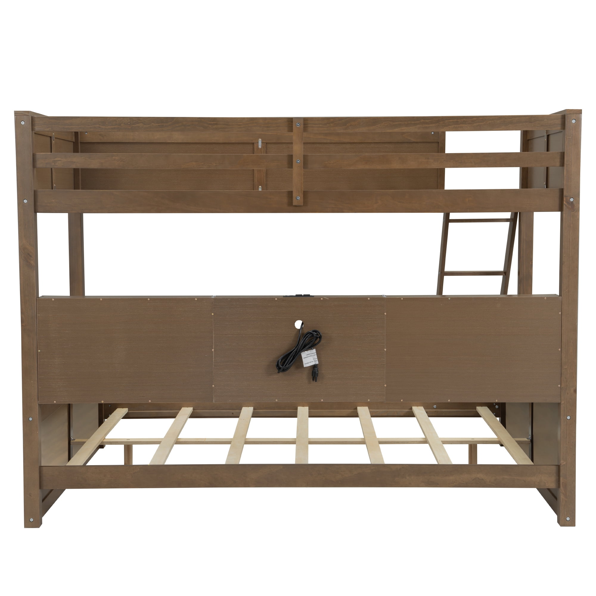 Twin XL over Queen Bunk Bed, Solid Pine Wood Bunk Bed with Built-in Storage Cabinets, Charging Station, Ladder,Safety Guardrails, No squeaking for Teens & Adults