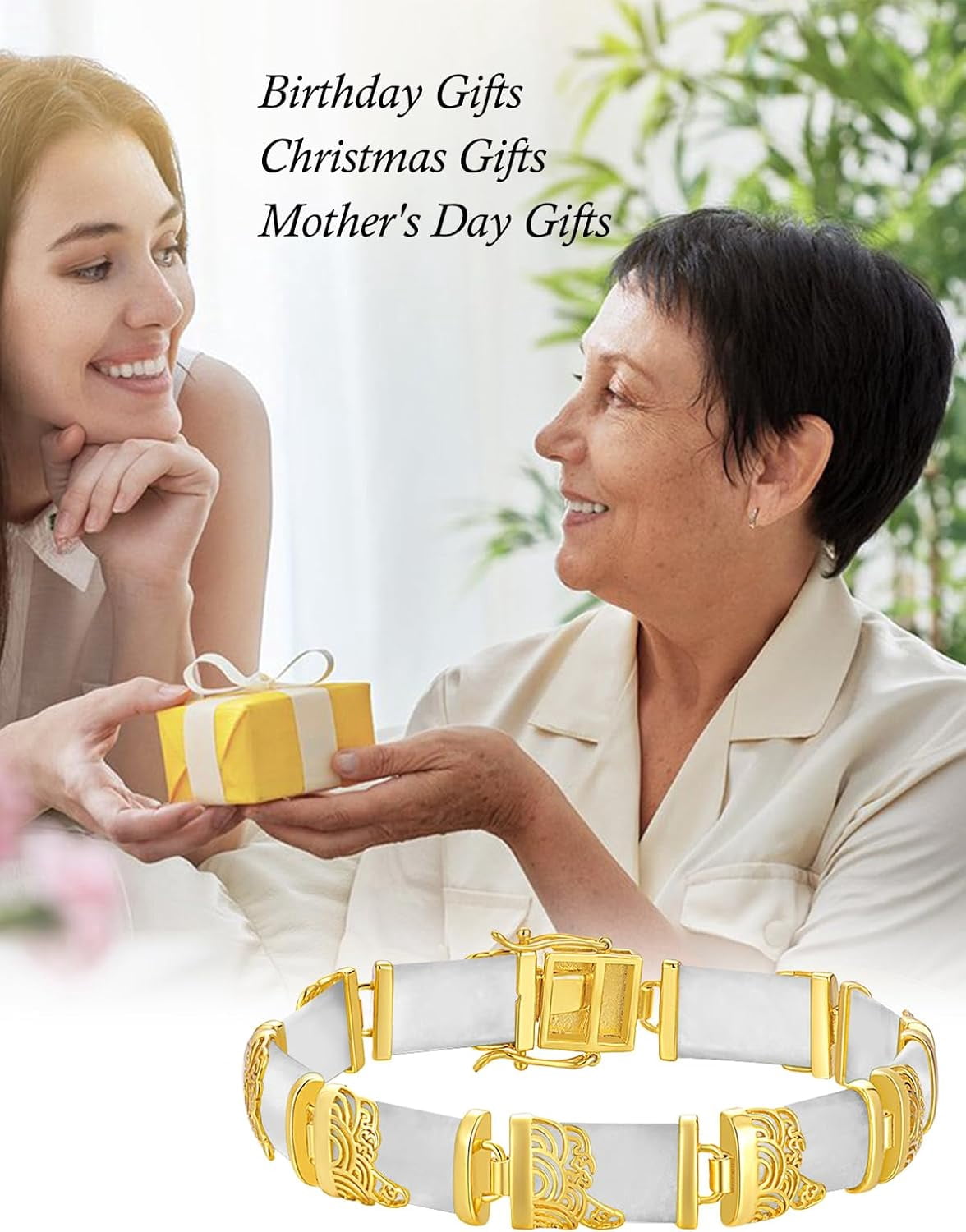 JKR Jade Bracelet for Women Plated Sterling Silver Jade Fortune Bangle Bracelet Fine Jewelry Birthday Gifts for Mom Grandma Wife