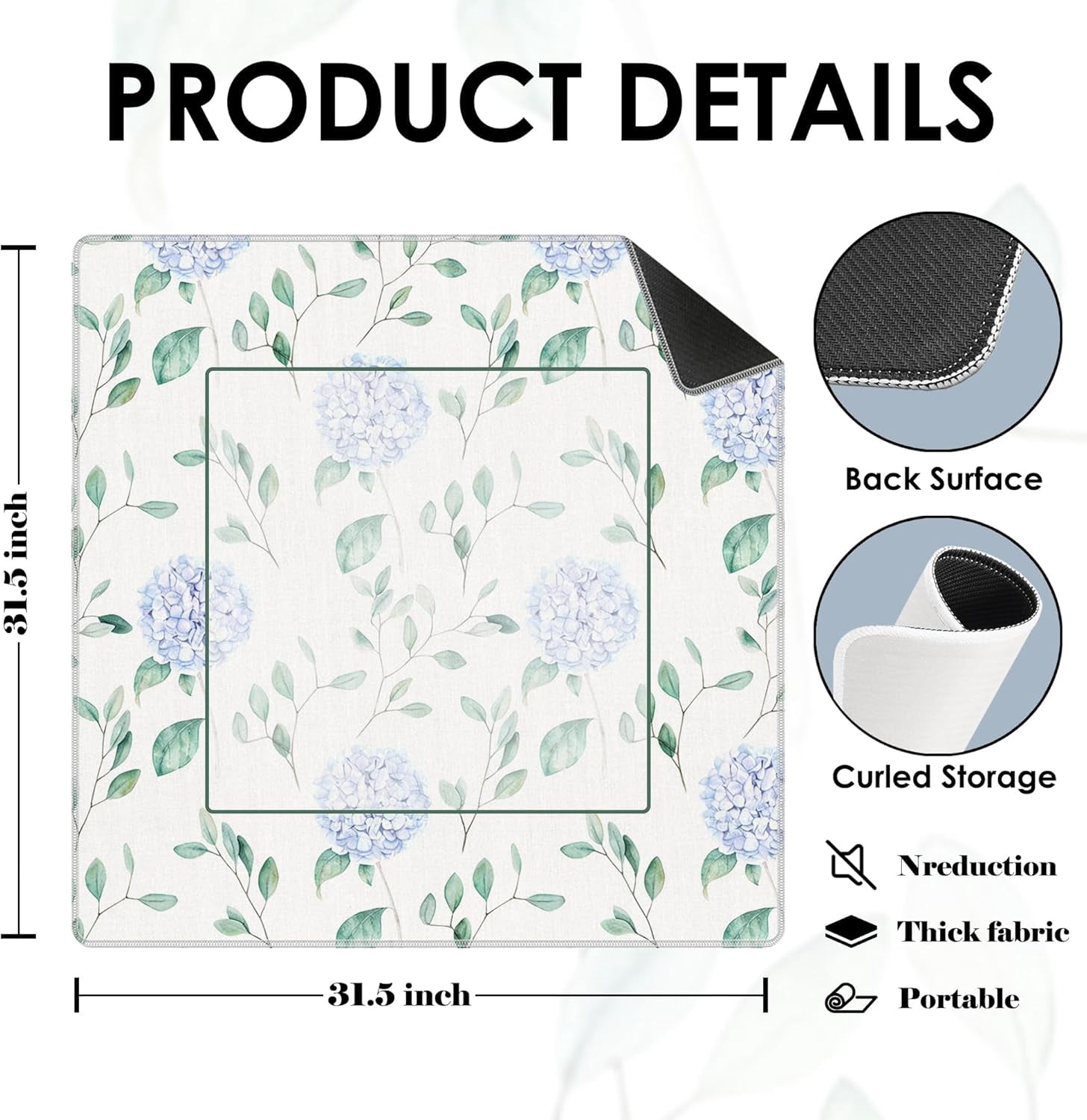 Blue Hydrangea Mahjong Mat for Table 31.5X 31.5,Blue and Green Grandmillennial Floral Non-Slip Noise Reduction Mahjong Table Cover Accessories, Hydrangea Decor, Hydrangea Mahjong Gifts for Women