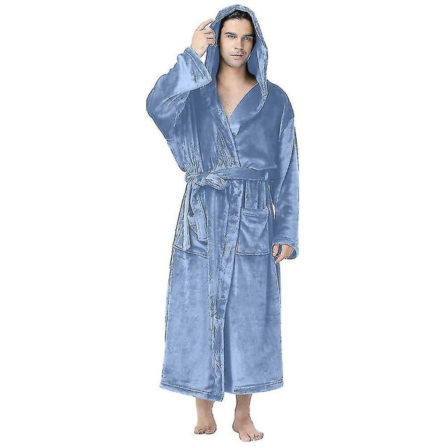 Plus Size Men Plain Winter Warm Hooded Long Bathrobe Night Robe Nightwear Sleepwear zhangyuxiang LED