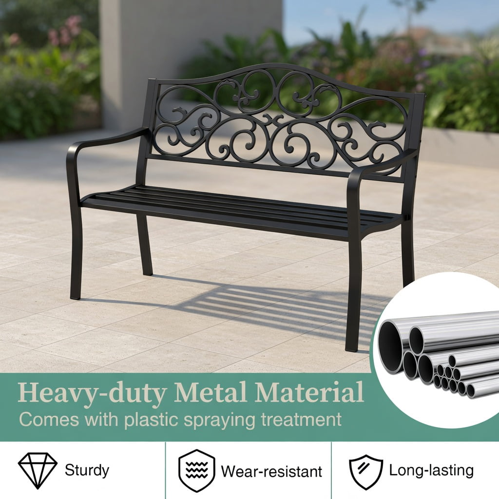 Hommoo 50" Cast Iron Outdoor Patio Bench, Floral Scroll Backrest, Slatted Seat, Heavy-Duty Metal Garden Bench for Porch & Deck, Black