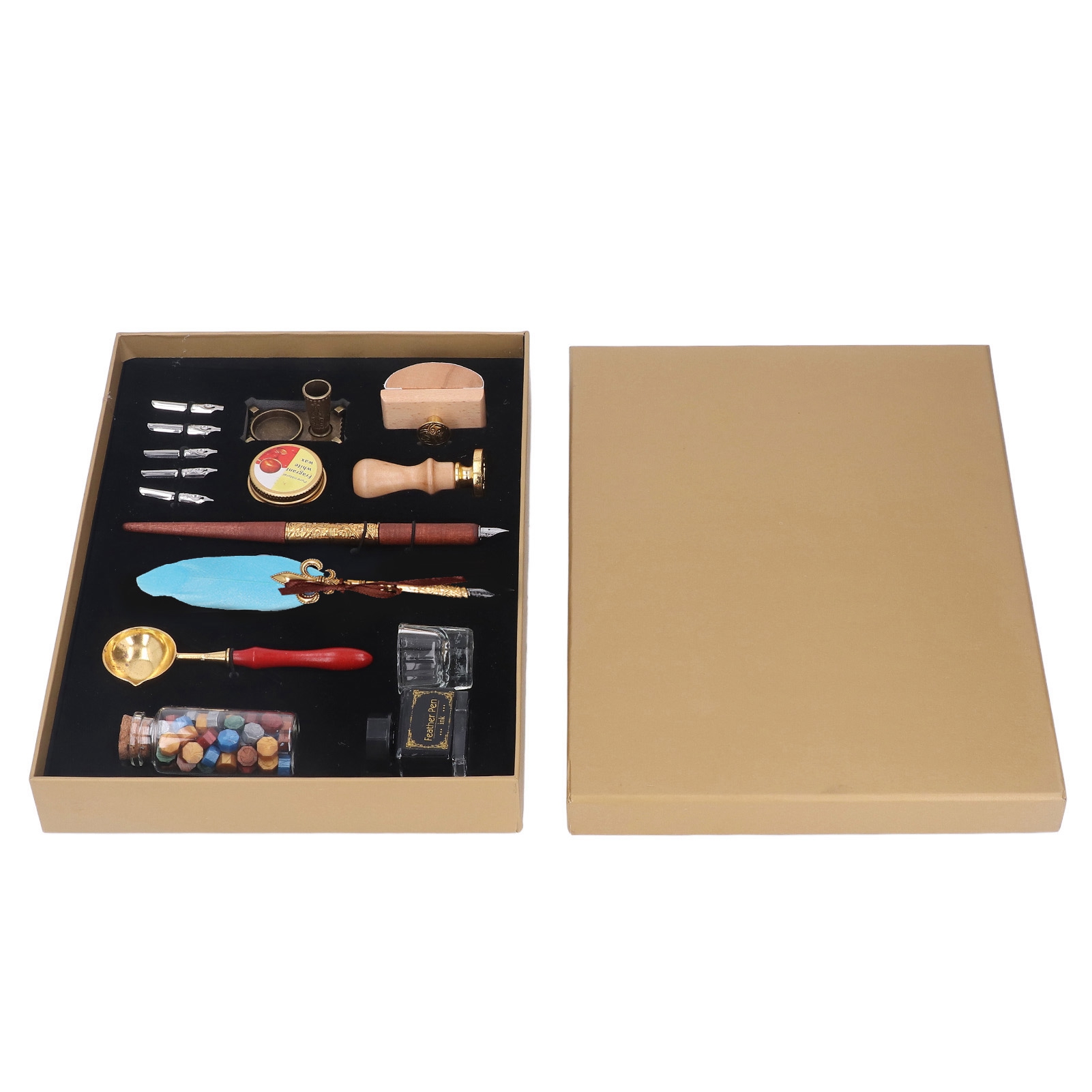 YAHHU European Style Feather Pen Set, Vintage Calligraphy Quill Pen Set with Blotter Stamp, Melting Wax Spoon, and 5 Replaceable Nibs for Art and Gifting (11.42 inches / 29.00 cm)
