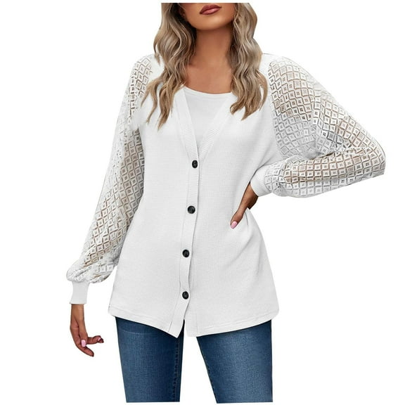 Odeerbi Cardigan for Women Fall Cardigans Autumn And Winter 2025 Long Sleeve Solid Color Loose Button Lace Patchwork Top White