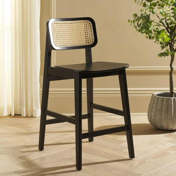 Safavieh LuzCane Modern Mid Back Wood and Rattan Stools, Black/Natural