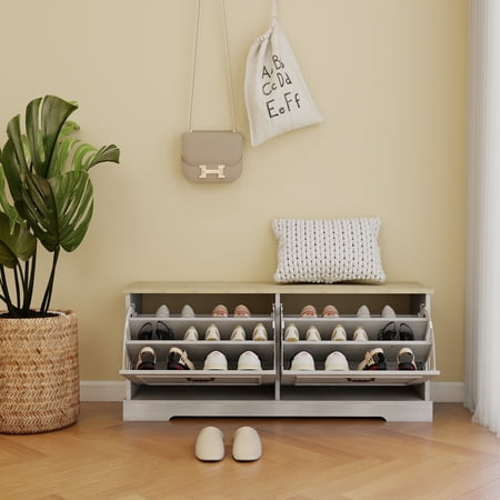 Double Flip-Drawer Shoe Storage Bench - 41 Entryway Cabinet with Adjustable Shelves Seating for 3 Odor-Free Design Antique White