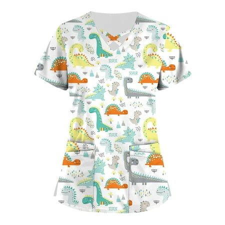 

QWANG Plus Size Cute Printed Scrub Working Uniform Tops For Women Cross V-Neck Short Sleeve Fun T-Shirts Workwear Tee With Pockets