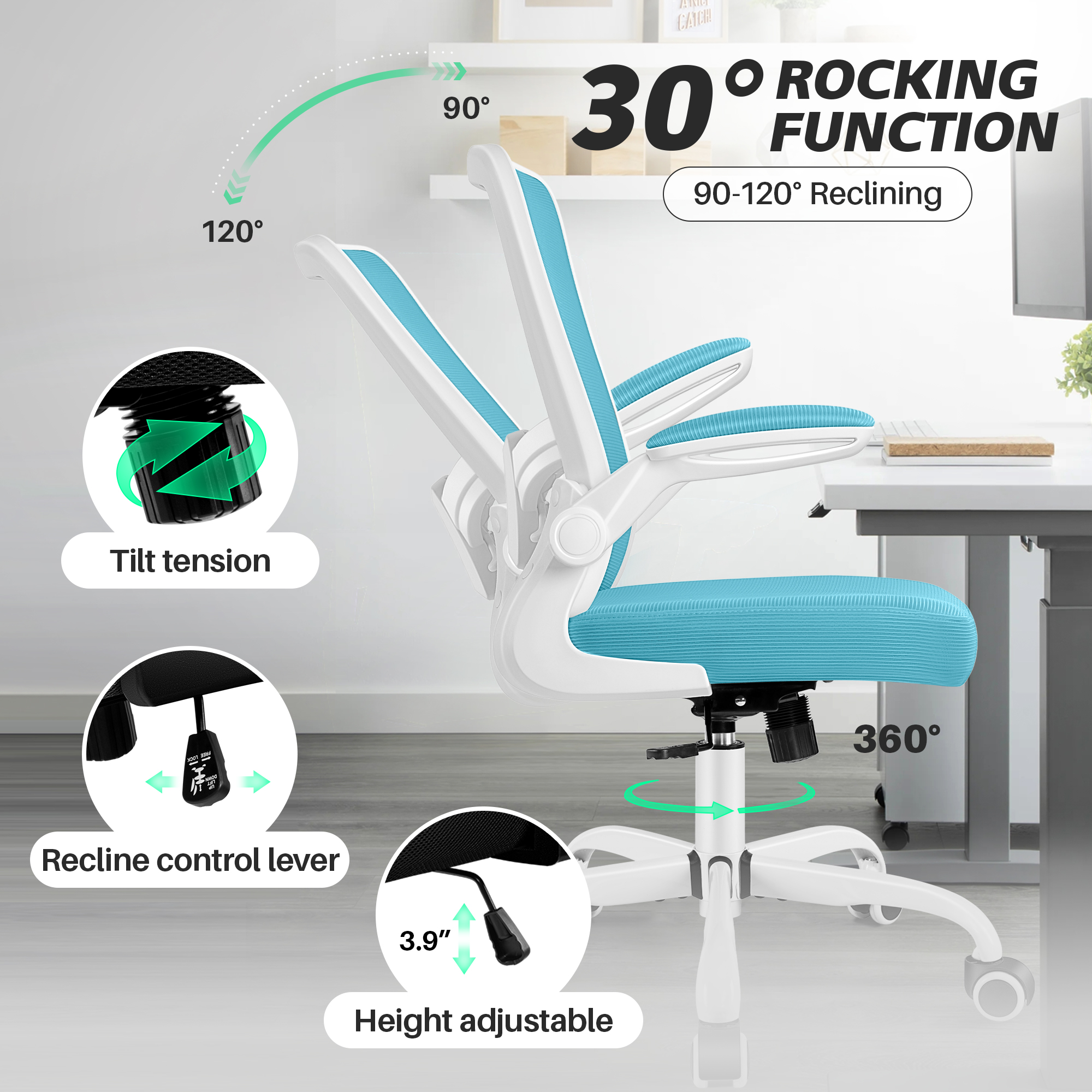 COOLHUT Ergonomic Office Chair, Home Office Desk Chair, Comfort Mesh Task Chair with Adjustable Lumbar Support and Flip up Arms, Blue