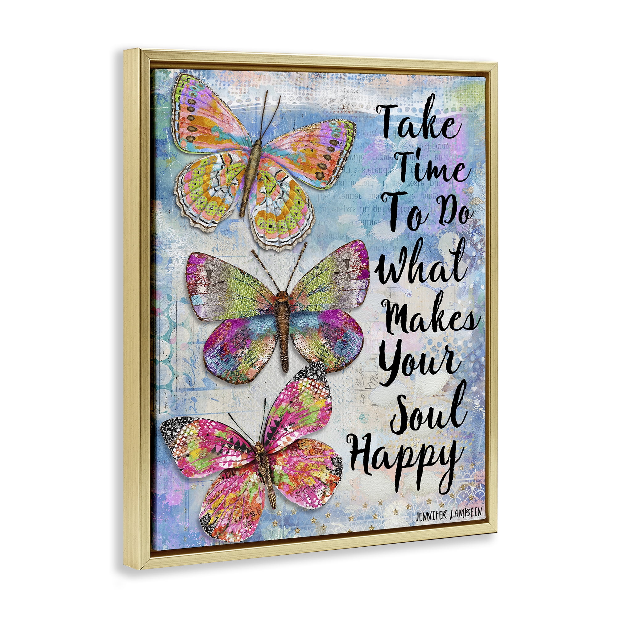 Stupell Industries Makes Your Soul Happy Butterfly Animals Painting Gold Floater Framed Canvas Art Print Wall Art, 25 x 31