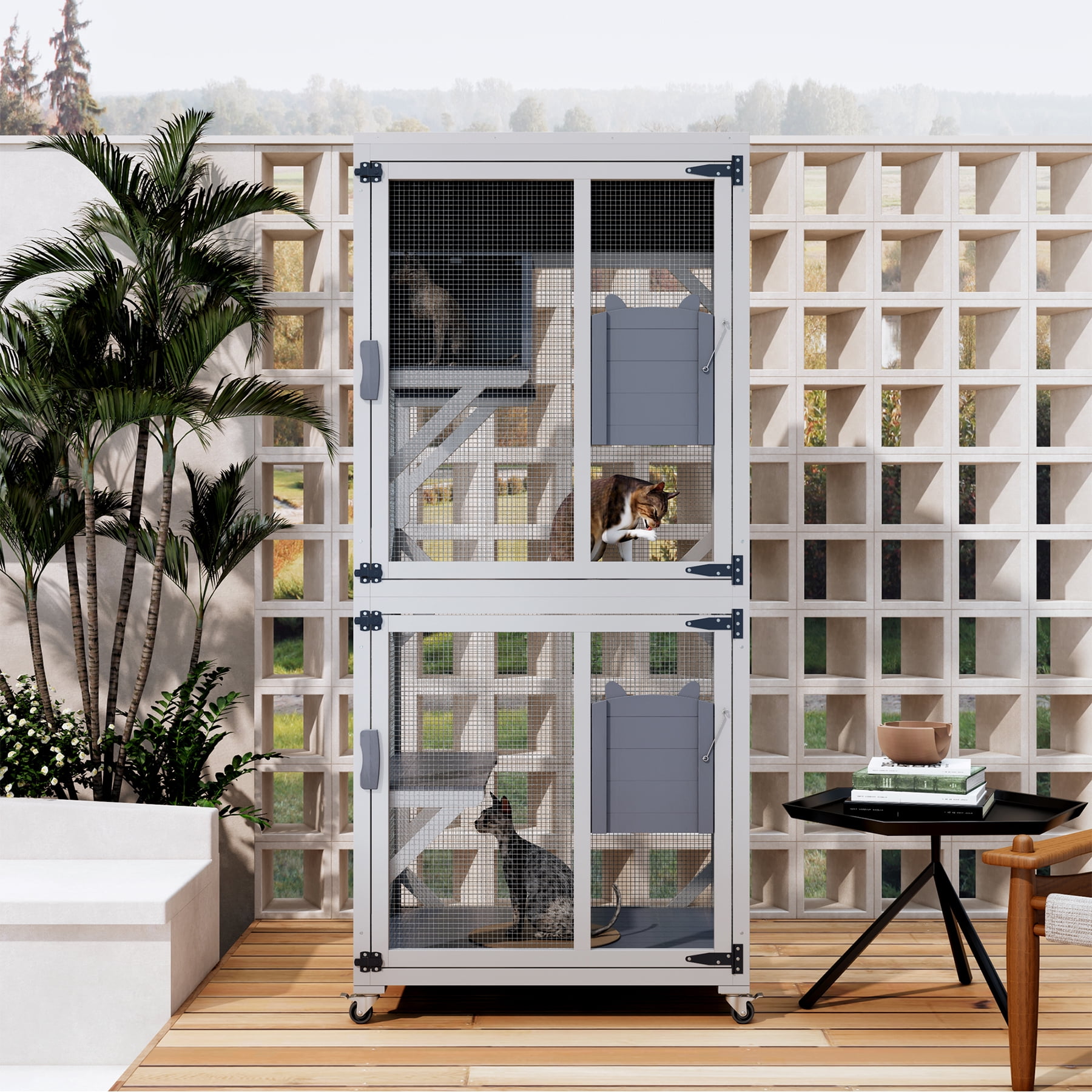 Outdoor Cat Enclosure Catio with Wheels, 71.2" Large Wooden Cat Cage, Multi-Level Cat House with Platforms, Lockable Doors & Removable PVC Tray