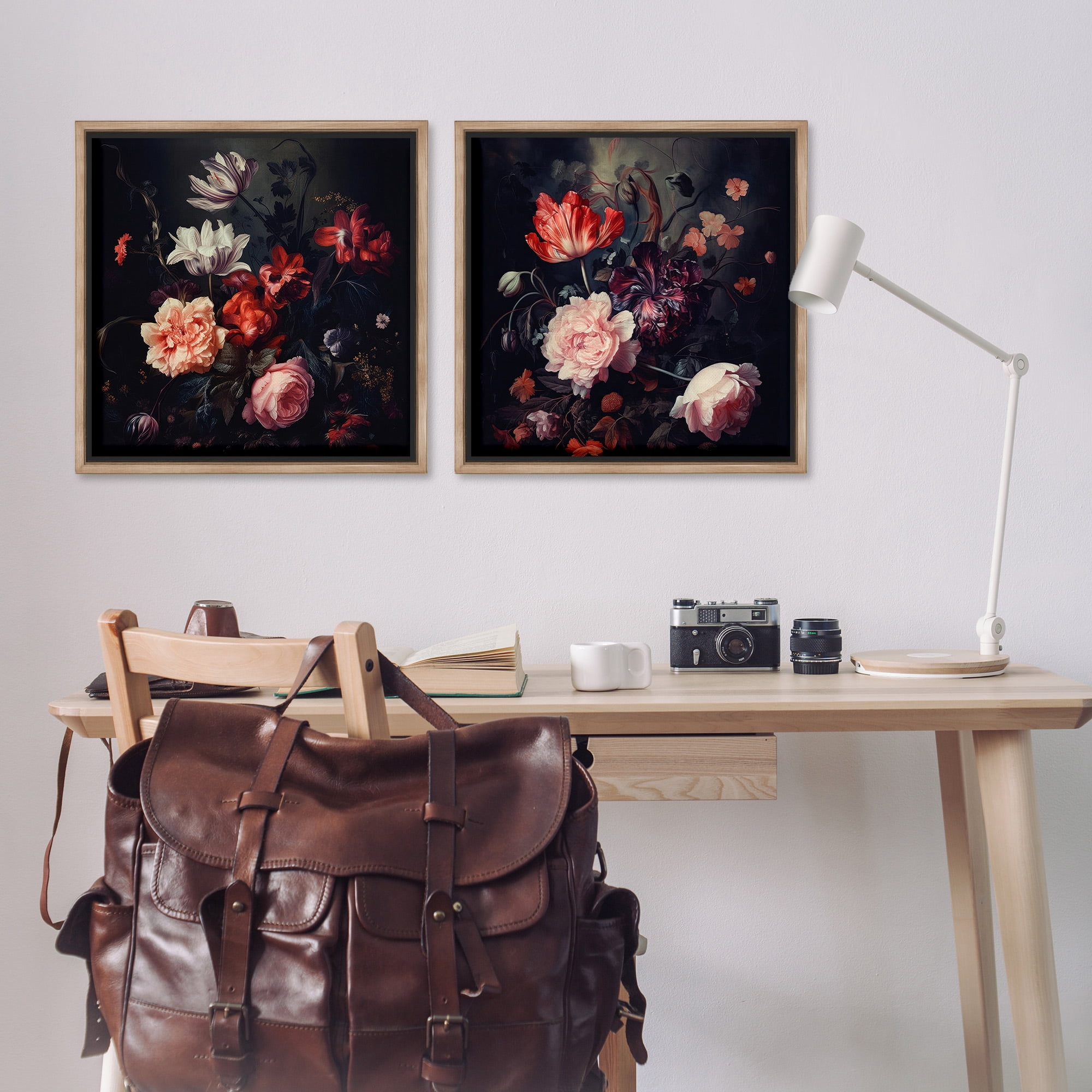 Stupell Industries Vintage Bouquet on Black Botanical & Floral Photography Brown Floater Framed Canvas Art Print Wall Art, 25 x 25, Set of 2