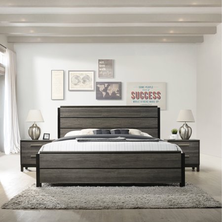 Antique Grey Bedroom - King Size Bed And 2 Nightstands Contemporary Wood & Sleek Modern Appeal
