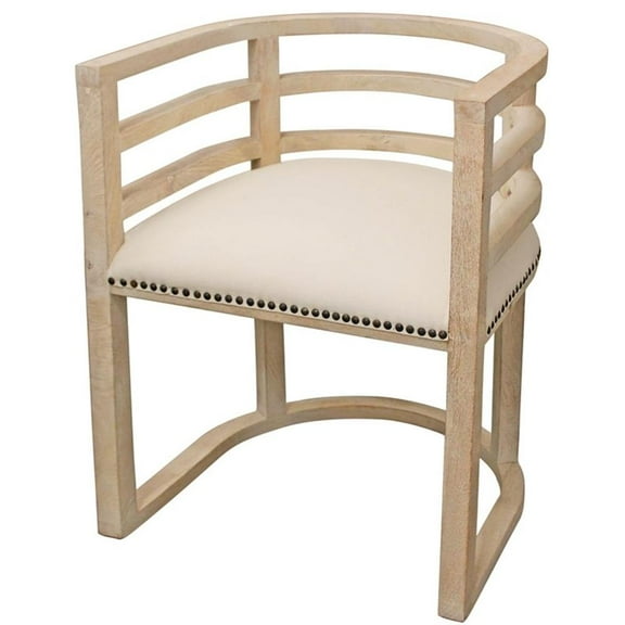 Nueva Solid Wood Barrel Chair with Linen Fabric in Natural and Metal Accents