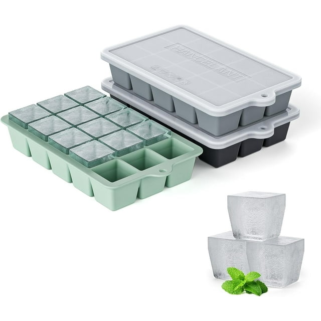 Silicone Ice Cube Tray 3 Pack - EASY RELEASE Ice Cube Tray with lid, BPA Free Ice Cubes Trays for Freezer,Ice Cube Mould for Cocktail,Whiskey (Black+Grey+Mint)