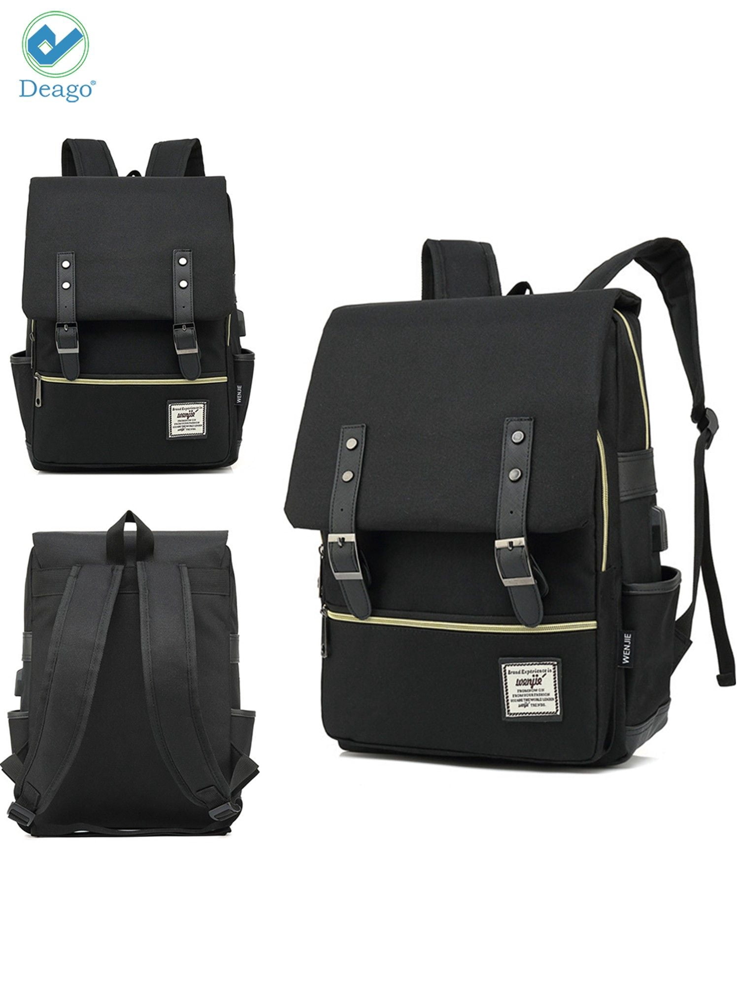 Deago Vintage Laptop Backpack For Women Men Travel Backpack with USB Charging Port Fashion Rucksack Fits 15.6" Notebook (Black)