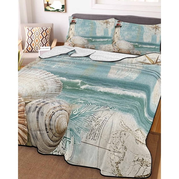 Coastal Nautical Twin Size Down Alternative Comforter, Lightweight Comforter Quilt Bedding Set with Pillow Shams Summer Beach Wave Starfish Shell All Seasons Bed Comforter Duvet Insert 68"x86"