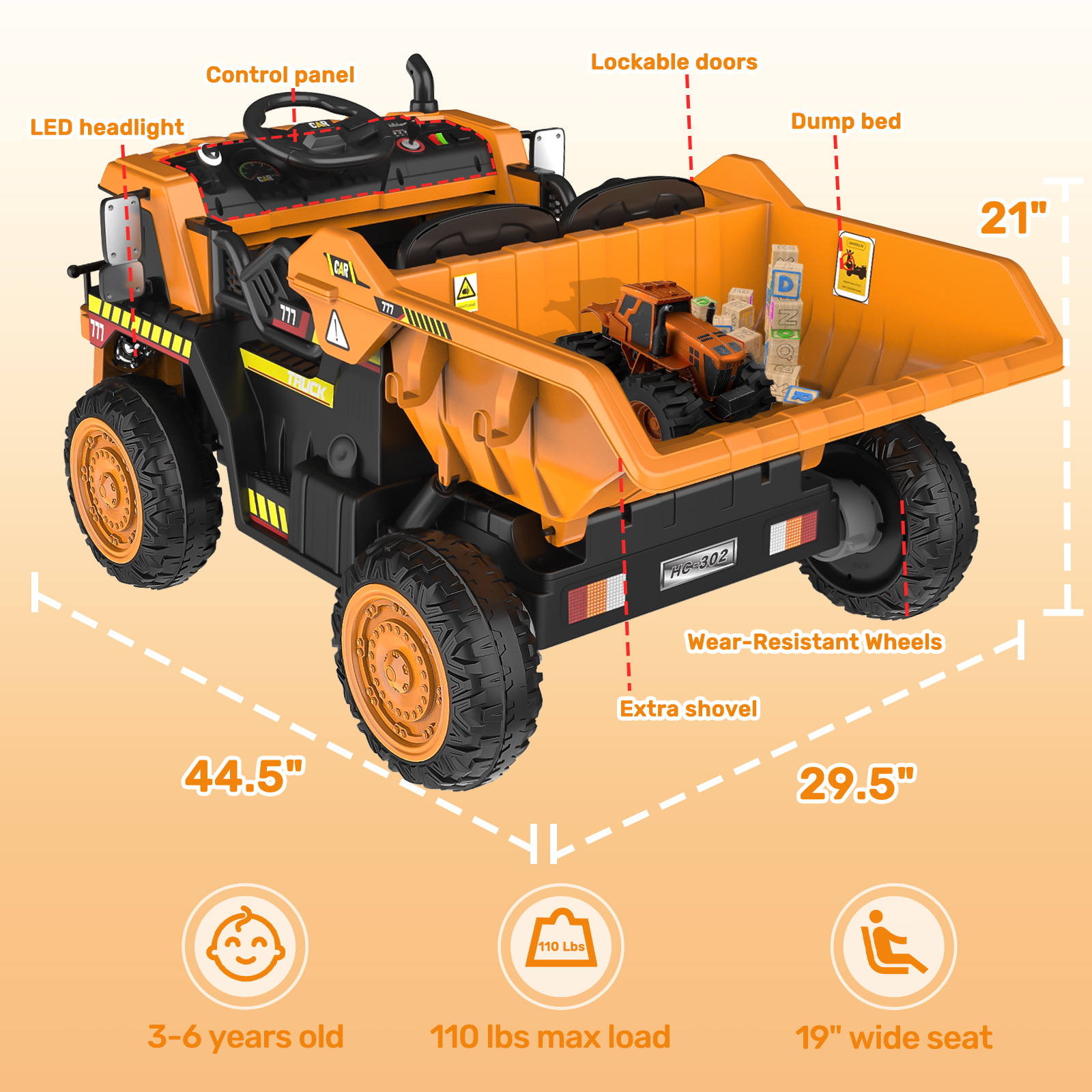TOKTOO 12V Battery Powered Ride-on Dump Truck with Remote Control, Music Player, Electric Dump Bucket, Kids Tractor -Ginger Yellow - image 2 of 7