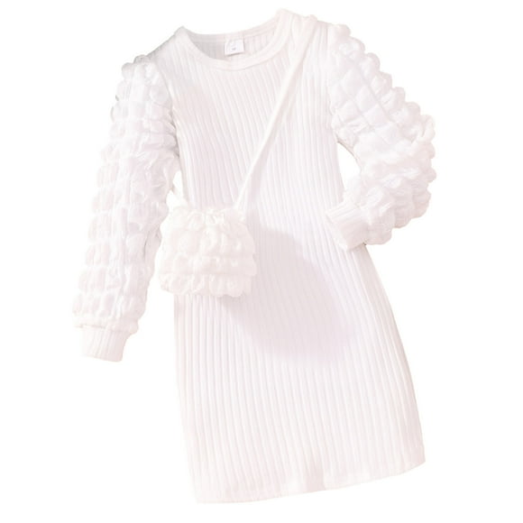 FhsagQ Dress for Girls Long Sleeve Puffed Sleeve Strip with Bag Solid Color Dress Girls' Easter Dresses Green Girls Dresses Size 7-8 Fancy White 5-6 Years