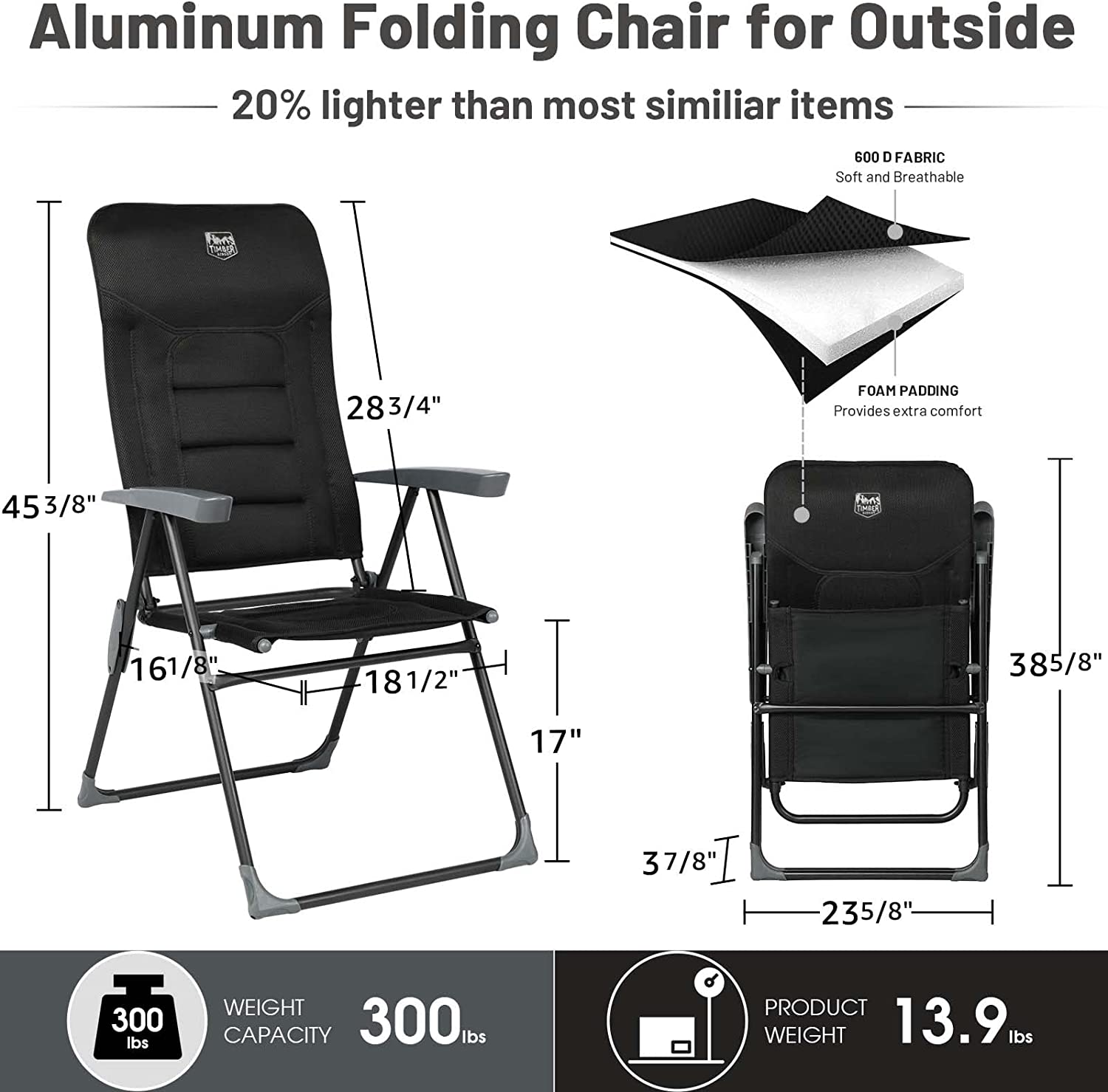 High Back Folding Camping Chair with 7-Level Adjustable Backrest, Foldable Reclining Patio Chair, Lightweight Aluminum Lawn Chair, Padded Outdoor Chair for Backyard, Deck, RV, Porch - image 5 of 8